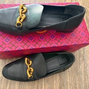 Tory Burch Black Loafers with Gold Chain Accent